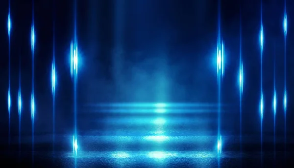 Background of empty dark room with rays of light. Concrete floor with light reflection. Smoke, neon blue light
