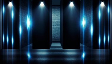 Arka plan boş karanlık oda tarafından lazer ışınları, duman neon ışıklarla aydınlatılmış tuğla duvarlı