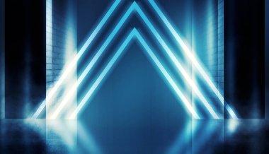 Arka plan boş karanlık oda tarafından lazer ışınları, duman neon ışıklarla aydınlatılmış tuğla duvarlı