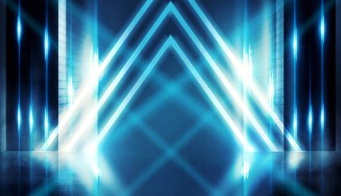 Arka plan boş karanlık oda tarafından lazer ışınları, duman neon ışıklarla aydınlatılmış tuğla duvarlı