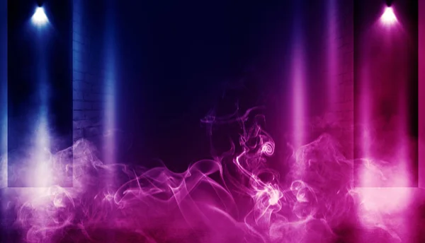 Background of empty dark room with brick walls, illuminated by neon lights with laser beams, smoke