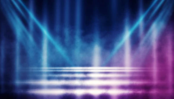 Background of empty dark room with rays of light. Concrete floor with light reflection. Smoke, neon blue light