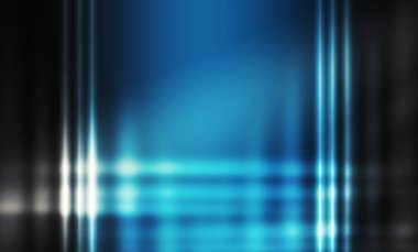 Işık huzmeleri olan boş karanlık odanın arka planı. Beton zemin, ışık yansımalı. Duman, neon mavi ışık