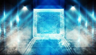 Arka plan boş karanlık oda tarafından lazer ışınları, duman mavi neon ışıklarla aydınlatılmış tuğla duvarlı