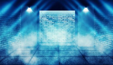 Arka plan boş karanlık oda tarafından lazer ışınları, duman mavi neon ışıklarla aydınlatılmış tuğla duvarlı