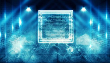 Arka plan boş karanlık oda tarafından lazer ışınları, duman mavi neon ışıklarla aydınlatılmış tuğla duvarlı