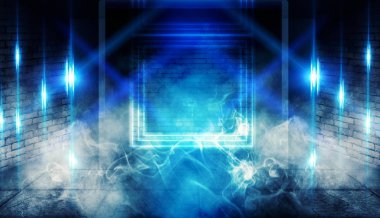 Arka plan boş karanlık oda tarafından lazer ışınları, duman mavi neon ışıklarla aydınlatılmış tuğla duvarlı