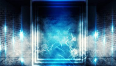 Arka plan boş karanlık oda tarafından lazer ışınları, duman mavi neon ışıklarla aydınlatılmış tuğla duvarlı