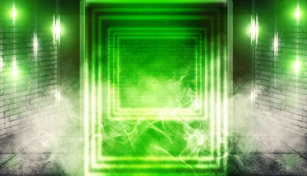 Background of empty dark room with brick walls, illuminated by neon green lights with laser beams, smoke. Background trend color ufo green