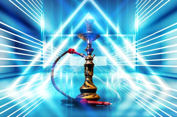 Hookah 在蓝色未来派的背景上吸烟 有霓虹灯 聚光灯 — 图库照片