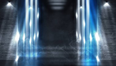 Arka plan tarafından spot aydınlatılmış tuğla duvarlı boş bir bina. Diğeriyse asansör kapıları görünümünü. Neon ışık duman.