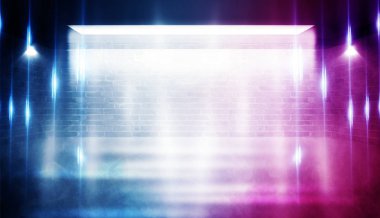 Arka plan ile neon lazer ışınları, duman mavi ve pembe ışıklarla aydınlatılmış tuğla duvarlar ile boş karanlık odası
