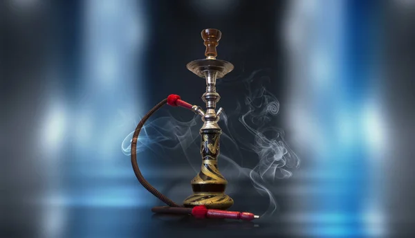 Hookah Smoking Concrete Background Illuminated Spotlight Neon Light Smoke — Stock Photo, Image