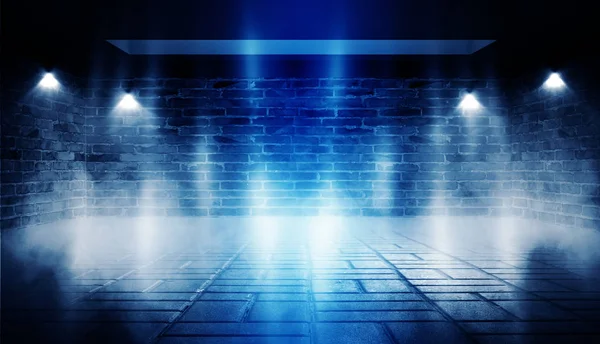 Background of empty dark room with brick walls, illuminated by neon blue lights with laser beams, smoke