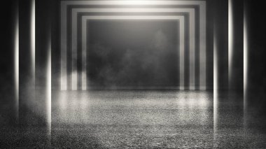 Boş sokak, tesislerinde, mavi projektör siyah arka plan asfalt, lazer ışınları aydınlatan, duman