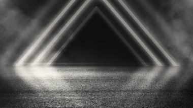 Boş sokak, tesislerinde, mavi projektör siyah arka plan asfalt, lazer ışınları aydınlatan, duman