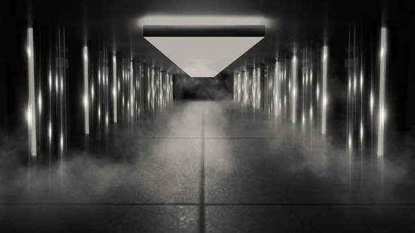 Boş Bir Karanlık Oda Koridor Neon Parlayan Yığınları Ile Arka — Stok fotoğraf