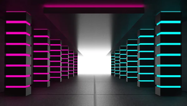 Háttérben Egy Üres Sötét Szoba Folyosó Neon Izzó Rózsaszín Kék — Stock Fotó