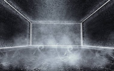 Tek renkli koyu arka plan boş alanı. Grunge beton duvarlar ve zemin, neon ışık, duman. 3D çizim