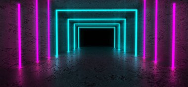 Parlak renkli grunge arka plan beton duvarlar ve zemin ile boş bir oda. Pembe ve mavi neon ışık, duman. 3D çizim