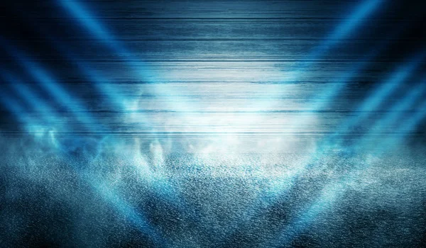 Фон Пустой Деревянной Стены Бетонный Пол Прожектор Синий Неоновый Свет — стоковое фото