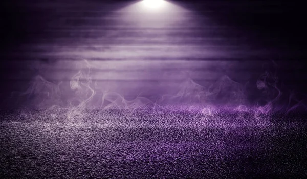 Background Empty Wooden Wall Concrete Floor Spotlight Light Purple Neon — Stock Photo, Image