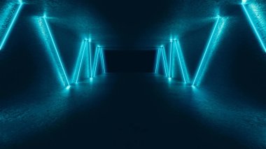 Arka plan beton duvarlar ve zemin ile boş odası. Mavi neon ışık ve duman. 3D çizim.
