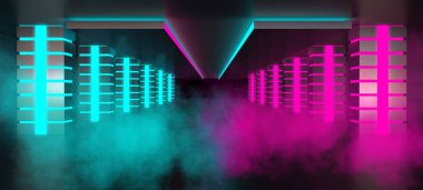 Boş bir karanlık oda, koridor neon parlak pembe ve mavi yığınları ile arka planı. Projektör, mavi lazer ışınları, duman. 3D çizim