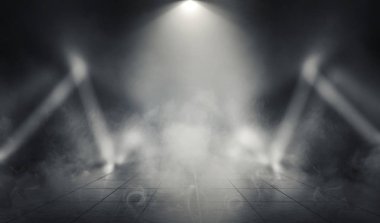 Tek renkli karanlık boş alan arka plan. Grunge beton duvarlar ve zemin, neon ışık, duman.