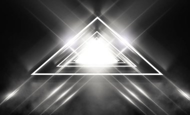 Üçgen, yansıma, neon şekillerle fütüristik arka plan duman. Boş tünel neon ışık ile. 3D çizim