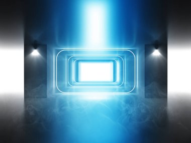 Arka planda - boş bir tünel Oda neon lambasının ışığı yanar. Arka plan boş alanı. Beton kaplama, lazer kare şekilde odanın ortasına. 3D çizim