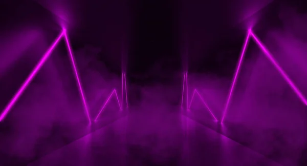 Фон Пустой Комнаты Бетонными Стенами Полом Фиолетовый Неоновый Свет Дым — стоковое фото