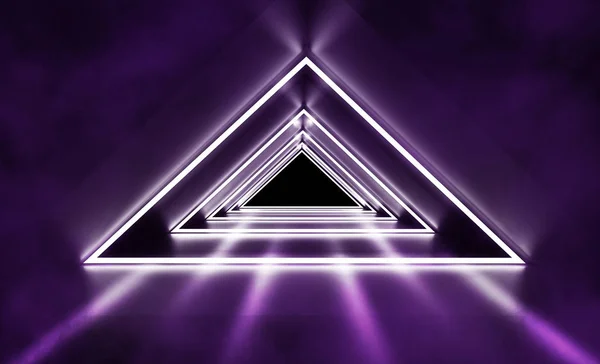 三角形 煙のネオン形状と未来的な背景は ネオンの光と空のトンネル イラストレーション — ストック写真