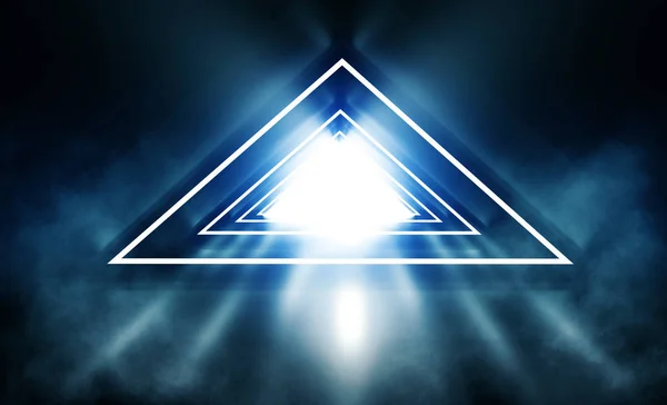三角形 煙のネオン形状と未来的な背景は ネオンの光と空のトンネル イラストレーション — ストック写真