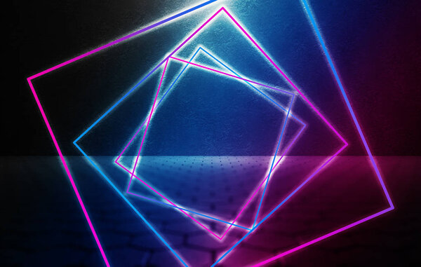 The background is an empty tunnel, the room is lit by neon light. Concrete covering, tile. Multicolored smoke. Laser square figure in the center of the room