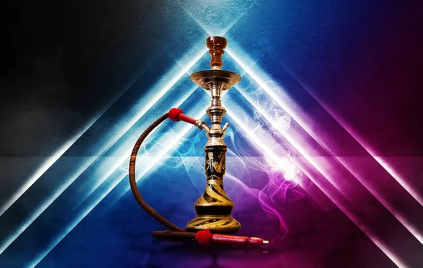 Hookah Fumar Fundo Uma Sala Vazia Com Formas Néon Azul — Fotografia de Stock