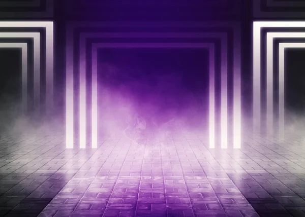 空の部屋 通りの背景 舗装コンクリートの床 ネオン紫色の光 スモッグ — ストック写真