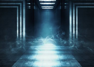 Duvarları tuğlalı ve beton kiremitleri olan boş bir odanın arka planı. Asansör kapılarını açın. Mavi neon ışığı, spot ışığı, lazer şekilleri, duman.