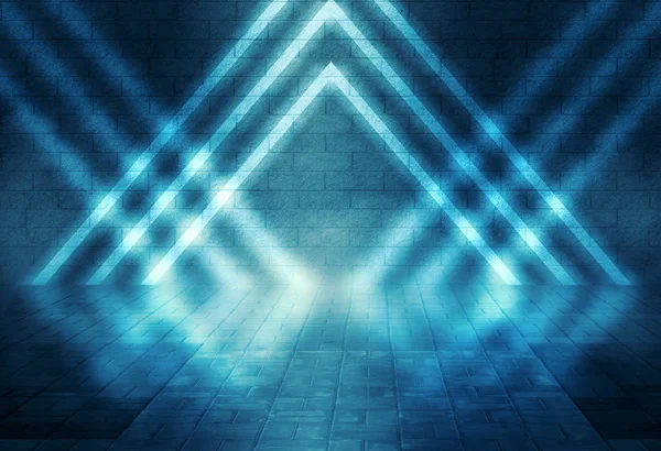 レンガの壁とコンクリートの床のタイルと空の部屋の背景 青いネオンライト スポットライト レーザーの数字 — ストック写真