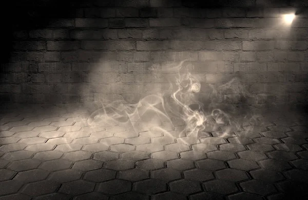 Фон Порожньої Кімнати Цегляними Стінами Бетонною Плиткою Підлоги Прожектор Туман — стокове фото