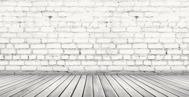 Arka plan beyaz boş tuğla duvar eski, ahşap zemin