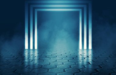 Boş karanlık sokak arka plan, beton kaldırım, çini. Neon ışık, spot, duman, duman