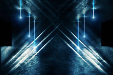 Arka plan boş oda tünel. Beton kaplama. Çizgi lazer. Duman, neon ışık