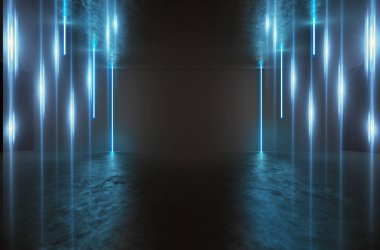 Arka plan boş oda tünel. Beton kaplama. Çizgi lazer. Duman, neon ışık