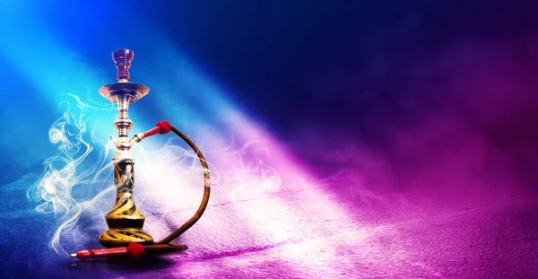 Smoking Hookah Background Empty Room Multicolored Neon Light Searchlight Laser — Stock Photo, Image