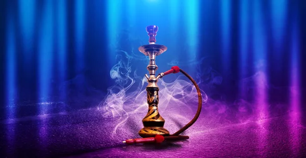 Smoking Hookah Background Empty Room Multicolored Neon Light Searchlight Laser — Stock Photo, Image