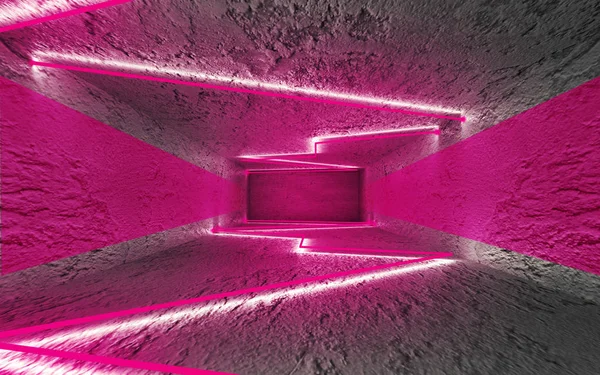 In the background - an empty tunnel, the room is lit by neon light. Concrete covering, tile. Multicolored smoke. Laser lines in the center of the room