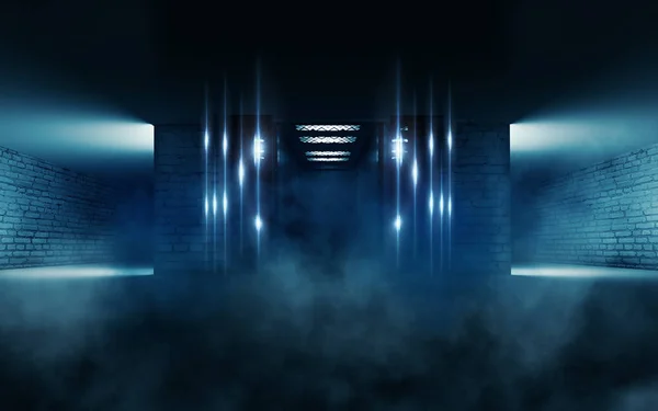 Background of empty room with brick walls and concrete concrete tiles. Open elevator doors. Neon light, spotlight, laser shapes, smoke