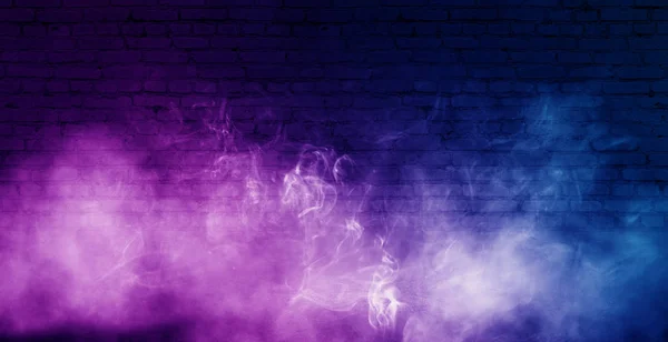 Background of empty brick old wall, spotlight, neon light, smoke