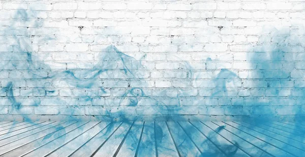 Background Empty White Brick Old Wall Wooden Floor Blue Smoke — Stock Photo, Image
